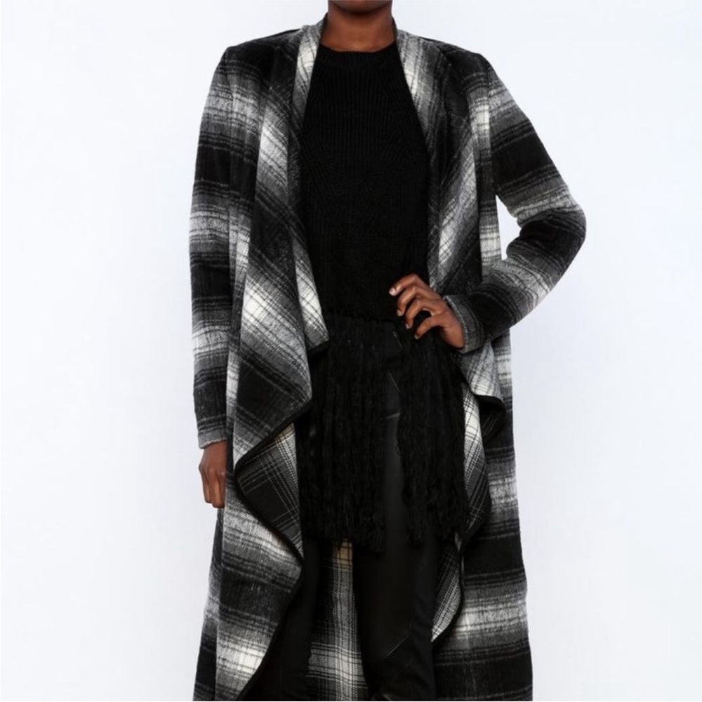 She and sky plaid long sweater wrap jacket